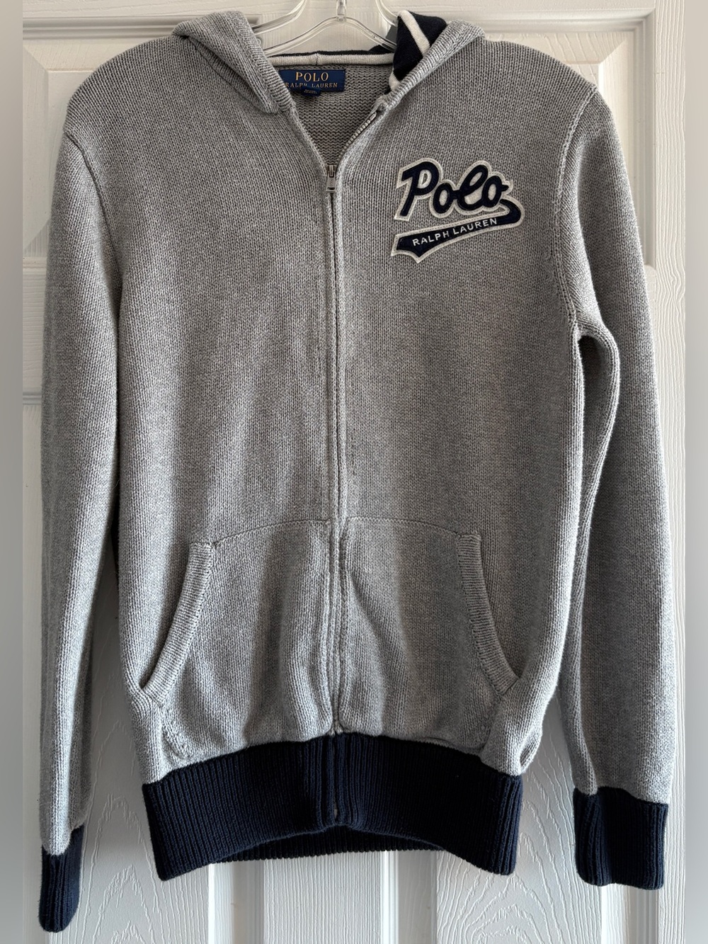 Polo Ralph Lauren Boy's Knit Full-Zip Varsity Patch Hoodie Sweater Gray XL 18-20